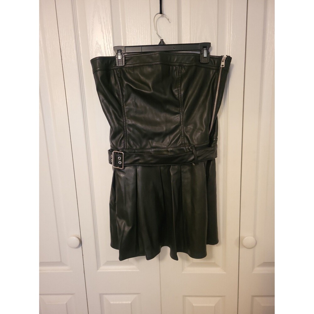 Black Faux Leather Strapless Mini Dress with Belt